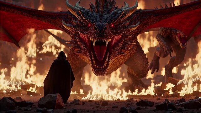dragon's fiery wrath: lone figure confronts ancient beast in apocalyptic landscape | fantasy, adventure, action, myth, epic theme