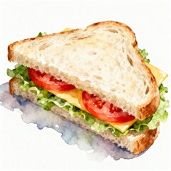 Freshly made sandwich with tomato, lettuce and cheese watercolor illustration