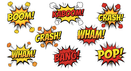 Comic book sound effects set featuring 'BOOM!', 'CRASH!', 'WHAM!', and 'POP!'