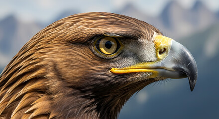 Close-up portrait of a golden eagle, showcasing its sharp beak and intense gaze, with blurred background.