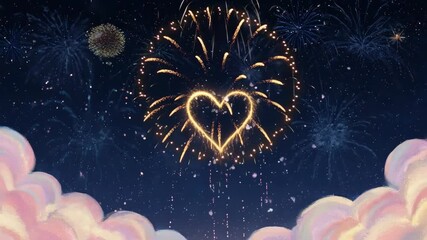 A heart-shaped firework explodes amidst a night sky filled with fireworks and clouds - Powered by Adobe