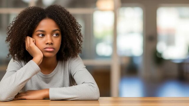 Pensive young African American girl with curly hair resting her chin on her hand, looking bored or sad while sitting at a wooden table indoors.