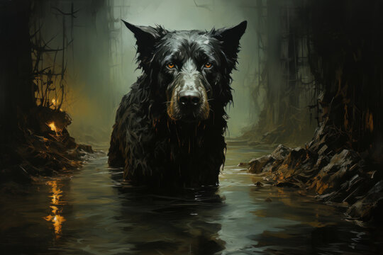 An atmospheric artistic scene featuring a black dog standing chest-deep in dark water amid a gloomy forest.  - Powered by Adobe
