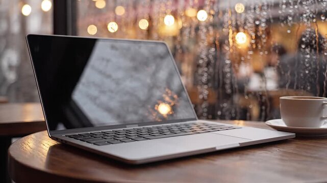 Laptop and warm coffee on a cozy cafe table rain outside the window with beautiful bokeh lights Perfect for remote work study or relaxed digital nomad life