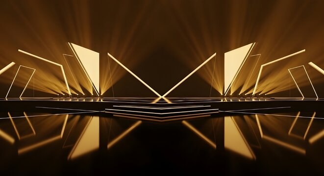 Futuristic stage wtih light speed motion blur in a metro tunnel with abstract geometric shapes and arrows