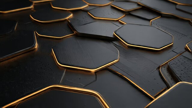 Futuristic metallic background with glowing neon edges, black and gold theme - Powered by Adobe