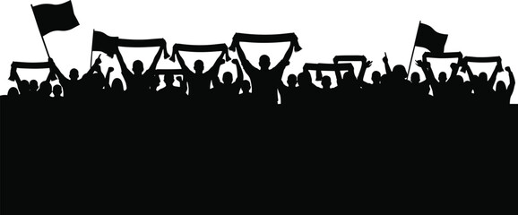 Silhouette crowd of cheering fans with flags and scarves, football or sports supporters vector illustration, stadium audience celebration, black outline design