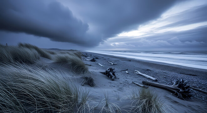 A dramatic thunderstorm with a shelf cloud and lightning strikes over a golden, windswept prairie at sunset.