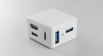 Compact white cube shaped electronic device displays multiple input and output connection ports