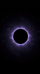 Dark celestial body displays an intense luminous purple corona against a deep black background