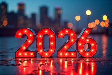 Red illuminated 2026 numbers glow on a wet street at night, with blurred city lights in the background  symbolizing hope and new beginnings for the year 2026.
