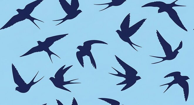 Flock of Swallows Silhouettes Flying in a Blue Sky.