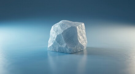 Crystalline geometric mass rests upon a reflective surface with blue gradient lighting