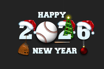 Naklejka premium Happy new year. 2026 with baseball ball. Numbers in Christmas hats with baseball glove and Christmas tree ball. Original template design for greeting card. Vector illustration on isolated background