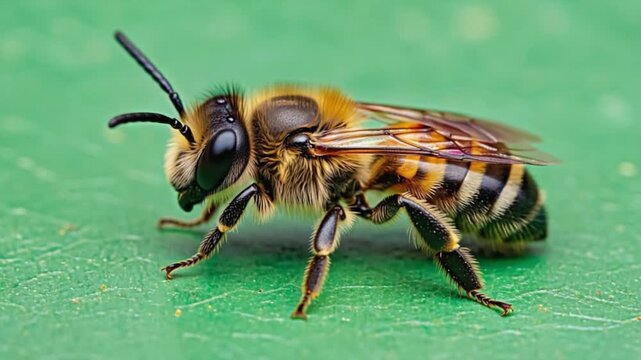 Close up of a bee with black and yellow stripes on its body on a green textured surface outdoors bee green screen video