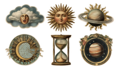 Fototapeta premium Vintage Celestial Illustrations Featuring Sun, Moon, Saturn, and Hourglass Designs