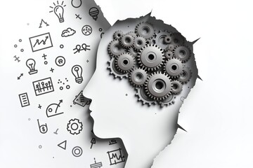 A stylized silhouette of a human head with gears inside, symbolizing the mechanics of thought or artificial intelligence  surrounded by icons representing innovation, data, and ideas.