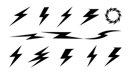 Lightning bolt vector icon set, black lightning icon designs on white background, Symbols of energy, power, electric storm, flash charge, ideal for web or orint, logo design.