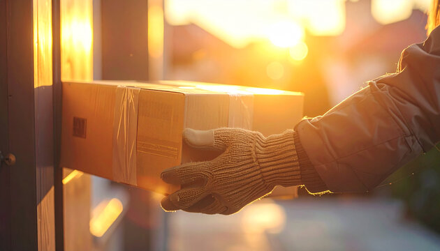 Delivery in the golden hour: A delivery person places a parcel into a mailbox under the warm glow of the sun, capturing the essence of a timely delivery and the convenience of modern services.