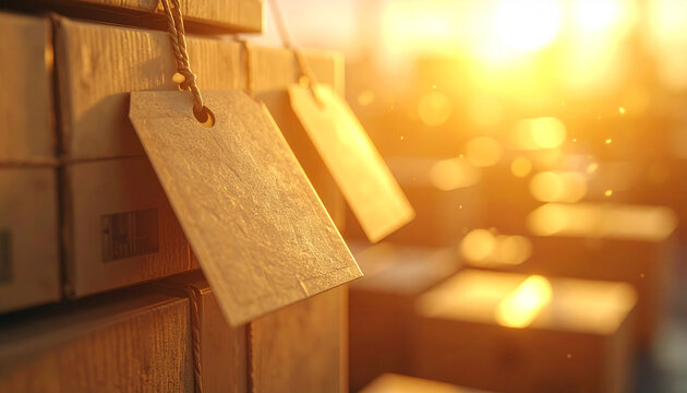 Inventory of the Sun: A stack of cardboard boxes with attached tags is bathed in the warm, golden light of the setting sun, creating a scene of both functionality and aesthetic beauty.
