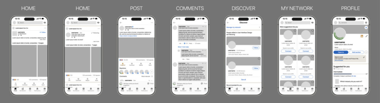 LinkedIn UI mockup with home feed, posts, videos, profile, connections, messaging, jobs, notifications, analytics, reactions, like, comment, repost, send, and modern professional layout.