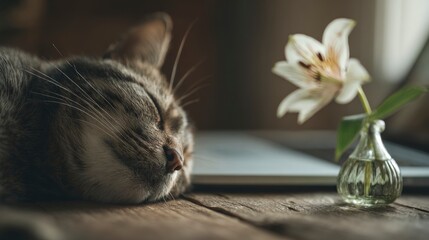 Sleeping cat beside flower