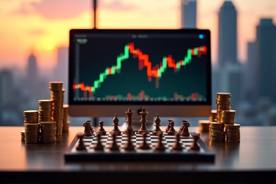 Chessboard with golden pieces and stacks of coins on a desk, beside a screen displaying financial charts  symbolizing strategic investment and market analysis against a city sunset backdrop. - Powered by Adobe