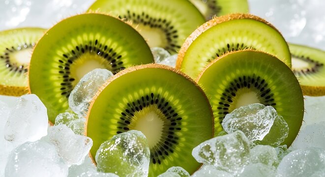 Refreshing Kiwi Slices on Ice Cubes, Close-Up View.
