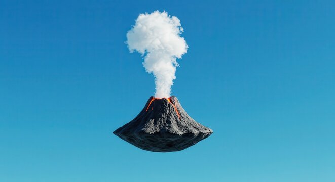 Floating cone shaped geological structure actively expels smoke and molten material into a clear blue sky