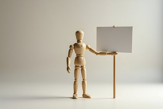 A wooden figurine holds a blank white sign, symbolizing potential messaging or communication in minimalistic design. - Powered by Adobe