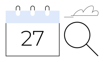 Calendar page with number 27, magnifying glass, and cloud symbol suggesting date-based analysis or cloud search. Ideal for scheduling, planning, analysis, research, time, calendar organization