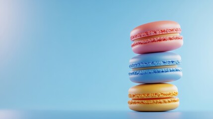 Colorful macarons in pastel pink, blue, yellow, stacking neatly on light blue background, copy space
