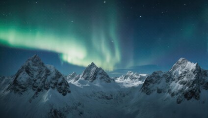 Aurora Borealis over snowy mountains, a breathtaking winter landscape.