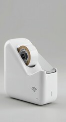 Modern white dispenser holds a roll of clear adhesive material against a soft gray background