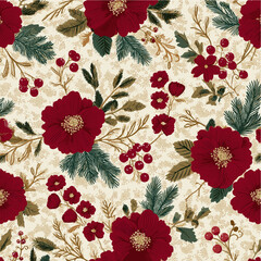 Minimal Red Camellia and Pine Holiday Pattern