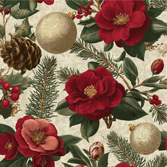 Christmas Camellia Pattern with Pine Cones and Ornaments