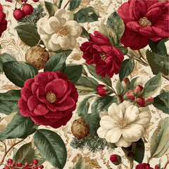Classic Camellia Christmas Pattern with Pine and Gold Texture