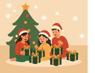Festive family joyfully opening Christmas presents by the tree, creating cherished holiday memories and warmth in a delightful seasonal scene
