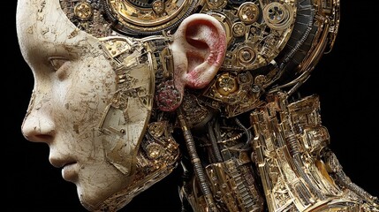 Artificial Intelligence Hybrid: A Fusion of Human and Machine Elements with Intricate Golden Mechanical Details