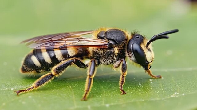 Close up of a bee with black and yellow stripes resting on a green leaf in natural lighting bee green screen video