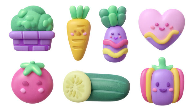 Colorful Collection of Cute Vegetable and Fruit Character Objects Isolated Image