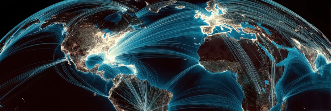 Global connectivity illustration, showing global business connections and worldwide communications network with illuminated paths and lines.