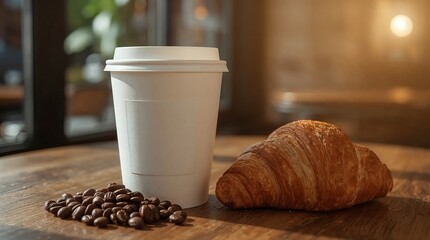 Takeaway Coffee Cup with Croissant and Coffee Beans in Warm Cafe Light