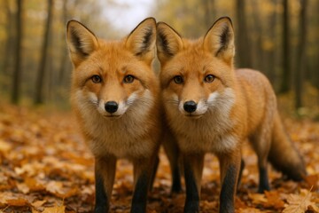Fototapeta premium Pair of Red Foxes Standing Alert in Autumnal Forest, Captivating Wildlife Portrait