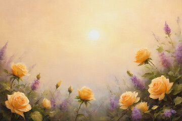 A soft, impressionistic floral border featuring vibrant roses in shades of orange, pink, and cream, accented with delicate purple bloomsarranged along the bottom corners against a gentle gradient back