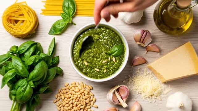Culinary Symphony: A culinary composition of fresh basil pesto, alongside pasta, garlic, cheese, and olive oil, arranged artfully on a light wooden surface.