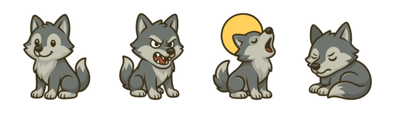 Wolf cartoon icons ,forest, wildlife, cute animals, night, nature