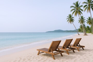 Obraz premium Tropical Beach Scene with Lounge Chairs and Palm Trees on White Sand Beach