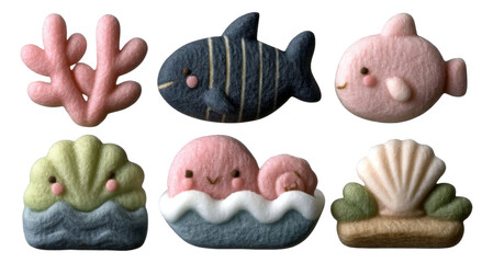 Colorful and Cute Felt Ocean Creatures and Coral on Transparent Background