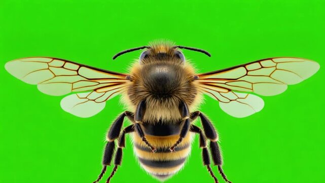Close up shot of a bee with wings spread open against a bright green background in great detail bee green screen video